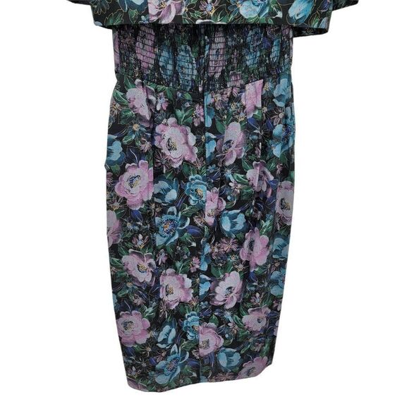 Vtg 80's Womens Dress Set Strapless Smocked Sweetheart Faux Wrap Floral Blk XS - Picture 11 of 13